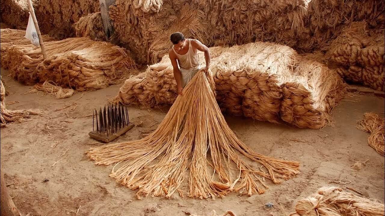 Jute bag factory floor with bulk bags in production, New Delhi India